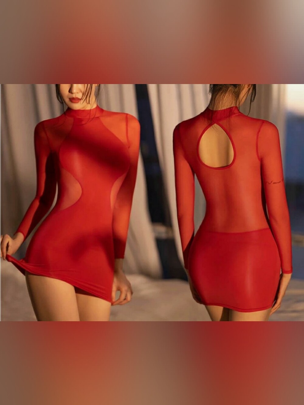 Red Sheer Cutout Bodycon Mini Dress Shiny Mesh Short Cocktail Dress